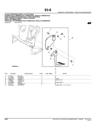 93-8
MANDOS, ACCESORIOS Y AIRE ACCONDICIONADO
CLUTCH OPERATING PARTS, CLUTCH PEDAL
ELEMENTS DE COMMANDE DE L’EMBRAYAGE, PEDALE D’EMBRAYAGE
KUPPLUNGSBETAETIGUNGSTEILE, KUPPLUNGSPEDAL
PARTI COMANDO FRIZIONE, PEDALE FRIZIONE
PEDAL DA EMBREAGEM
PIEZAS DEL ACCIONAMIENTO DEL EMBRAGUE, PEDAL DE EMBRAGUE
PUBM1089 -UN-21APR10
6
1
1
0
POS. NO.PIEZA DESCRIPCION CANT NUM. SERIE J NOTAS
1 L110617 BULON 1 X
2 AL110894 SOPORTE 1 X
3 14M7274 TUERCA 1 X M10
4 19M8533 TORNILLO 1 X M10 X 25
5 L100285 TORNILLO 3 X
6 AL169899 PEDAL 1 X INCL KEY 7
7 L41178 CASQUILLO 2 X
8 AL203461 CONTROL 1 X INCL KEY 1, 2, 3, 4, 6, 7
93-8 TRACTOR 6110J (EDICION SUDAMERICANA) PC8538S (01-JUL-10)
PN=514
 