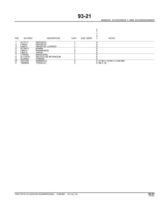 93-21
MANDOS, ACCESORIOS Y AIRE ACCONDICIONADO
6
1
1
0
POS. NO.PIEZA DESCRIPCION CANT NUM. SERIE J NOTAS
1 AL77711 DEPOSITO 1 X
2 L78422 DEPOSITO 1 X
3 L80013 TAPON DE LLENADO 1 X
4 AL79013 BOMBA 1 X
5 L80014 PASAMUROS 2 X
6 L80015 TAPON 1 X
7 L155455 MANGUERA 1 X
8 AL114276 VALVULA DE RETENCION 1 X
9 AL35642 TOBERA 1 X
10 24H1292 ARANDELA 2 X 8.738 X 19.050 X 3.048 MM
11 19M8830 TORNILLO 2 X M8 X 30
TRACTOR 6110J (EDICION SUDAMERICANA) PC8538S (01-JUL-10) 93-21
PN=527
 