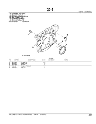 20-5
MOTOR (4045TBM03)
1463 FLYWHEEL HOUSING
1463 CARTER VOLANT
1463 SCHWUNGRADGEHAEUSE
1463 ARCASSAVOLANO
1463 CAIXA DO VOLANTE
1463 CARCASAVOLANTE
RE522292PCDA01 -UN-19MAY09
MOTOR
POS. NO.PIEZA DESCRIPCION CANT NUM. SERIE NOTAS
1 R135918 TORNILLO 12
2 R519313 CARCASA 1
3 R131765 TAPON 1
4 R61467 ANILLO TORICO 1
5 RE44574 RETEN 1
TRACTOR 6110J (EDICION SUDAMERICANA) PC8538S (01-JUL-10) 20-5
PN=51
 