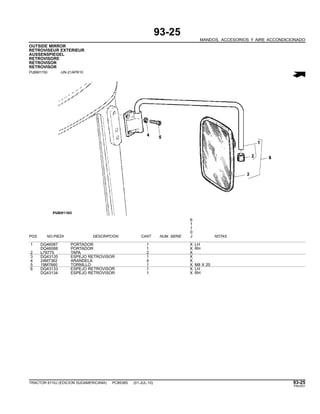 93-25
MANDOS, ACCESORIOS Y AIRE ACCONDICIONADO
OUTSIDE MIRROR
RETROVISEUR EXTERIEUR
AUSSENSPIEGEL
RETROVISORE
RETROVISOR
RETROVISOR
PUBM1150 -UN-21APR10
6
1
1
0
POS. NO.PIEZA DESCRIPCION CANT NUM. SERIE J NOTAS
1 DQ46087 PORTADOR 1 X LH
DQ46088 PORTADOR 1 X RH
2 L79775 TAPA 2 X
3 DQ43135 ESPEJO RETROVISOR 1 X
4 24M7362 ARANDELA 4 X
5 19M7660 TORNILLO 1 X M8 X 20
6 DQ43133 ESPEJO RETROVISOR 1 X LH
DQ43134 ESPEJO RETROVISOR 1 X RH
TRACTOR 6110J (EDICION SUDAMERICANA) PC8538S (01-JUL-10) 93-25
PN=531
 