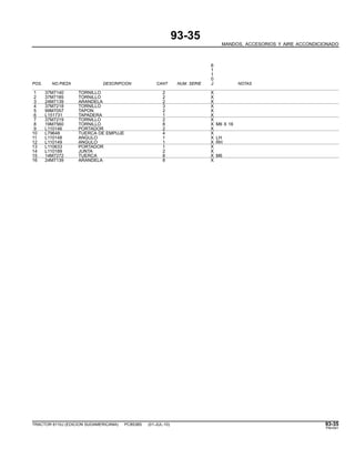 93-35
MANDOS, ACCESORIOS Y AIRE ACCONDICIONADO
6
1
1
0
POS. NO.PIEZA DESCRIPCION CANT NUM. SERIE J NOTAS
1 37M7140 TORNILLO 2 X
2 37M7185 TORNILLO 2 X
3 24M7139 ARANDELA 2 X
4 37M7218 TORNILLO 3 X
5 99M7057 TAPON 2 X
6 L151731 TAPADERA 1 X
7 37M7219 TORNILLO 2 X
8 19M7560 TORNILLO 8 X M6 X 16
9 L110146 PORTADOR 2 X
10 L79648 TUERCA DE EMPUJE 4 X
11 L110148 ANGULO 1 X LH
12 L110149 ANGULO 1 X RH
13 L110633 PORTADOR 1 X
14 L110189 JUNTA 2 X
15 14M7272 TUERCA 8 X M6
16 24M7139 ARANDELA 8 X
TRACTOR 6110J (EDICION SUDAMERICANA) PC8538S (01-JUL-10) 93-35
PN=541
 