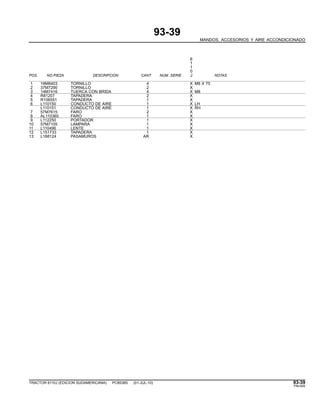 93-39
MANDOS, ACCESORIOS Y AIRE ACCONDICIONADO
6
1
1
0
POS. NO.PIEZA DESCRIPCION CANT NUM. SERIE J NOTAS
1 19M8403 TORNILLO 4 X M8 X 75
2 37M7290 TORNILLO 2 X
3 14M7416 TUERCA CON BRIDA 4 X M8
4 R81207 TAPADERA 2 X
5 R106551 TAPADERA 1 X
6 L110150 CONDUCTO DE AIRE 1 X LH
L110151 CONDUCTO DE AIRE 1 X RH
7 57M7615 FARO 2 X
8 AL110365 FARO 1 X
9 L112250 PORTADOR 1 X
10 57M7105 LAMPARA 1 X
11 L110496 LENTE 1 X
12 L151733 TAPADERA 1 X
13 L168124 PASAMUROS AR X
TRACTOR 6110J (EDICION SUDAMERICANA) PC8538S (01-JUL-10) 93-39
PN=545
 