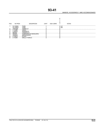 93-41
MANDOS, ACCESORIOS Y AIRE ACCONDICIONADO
6
1
1
0
POS. NO.PIEZA DESCRIPCION CANT NUM. SERIE J NOTAS
1 AL153802 TUBO 1 X LH
AL153803 TUBO 1 X RH
2 37M7089 TORNILLO 4 X
3 L114086 VAINA 2 X
4 L169203 ARANDELA 2 X
5 R60263 CASQUILLO 2 X
6 R60264 CONEXION DE MANGUERA 2 X
7 SG06401 ABRAZADERA 2 X
8 L170670 PLACA 2 X
9 L110296 ANILLO TORICO 2 X
TRACTOR 6110J (EDICION SUDAMERICANA) PC8538S (01-JUL-10) 93-41
PN=547
 