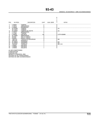 93-43
MANDOS, ACCESORIOS Y AIRE ACCONDICIONADO
6
1
1
0
POS. NO.PIEZA DESCRIPCION CANT NUM. SERIE J NOTAS
1 L158567 TUBERIA 1 X
2 L110816 ABRAZADERA 6 X
3 L152636 ESPARRAGO 4 X
4 AL157806 TUBERIA 1 X (A)
AL174537 TUBERIA 1 X
5 AL158926 TUBERIA DE ACEITE 1 X (A)
6 L110815 ABRAZADERA 6 X
7 L111465 TUBERIA 1 X
8 L169839 AISLANTE AR X LGTH 650MM
9 AL118565 ABRAZADERA 4 X
10 R10093 ANILLO TORICO 2 X
11 R33259 ANILLO TORICO 2 X
12 14M7376 TUERCA DE SEGURIDAD 4 X M6
13 24M7309 ARANDELA 4 X
14 AL158537 TAPADERA 1 X LH
15 AL158538 TAPADERA 1 X RH
16 21M7423 TORNILLO 1 X M6 X 30
17 L169857 AISLANTE 1 X
18 L169858 AISLANTE 1 X
19 L169859 AISLANTE 1 X
(A) AIR CONDITIONING
CLIMATISATION
KLIMAANLAGE
IMPIANTO CONDIZION. ARIA
SISTEMA DE AR CONDICIONADO
SISTEMA DE AIRE ACONDICIONADO
TRACTOR 6110J (EDICION SUDAMERICANA) PC8538S (01-JUL-10) 93-43
PN=549
 