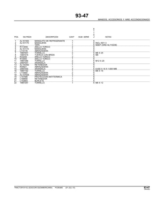 93-47
MANDOS, ACCESORIOS Y AIRE ACCONDICIONADO
6
1
1
0
POS. NO.PIEZA DESCRIPCION CANT NUM. SERIE J NOTAS
1 AL161500 MANGUITO DE REFRIGERANTE 1 X
2 AL161175 MANGUERA 1 X INCL KEY 3
3 ........ TAPA 1 X NSEP (ORD AL110238)
4 R113050 ANILLO TORICO 2 X
5 AL161174 MANGUERA 1 X
6 L114178 ABRAZADERA 1 X
7 19M7657 TORNILLO 2 X M8 X 25
8 14M7416 TUERCA CON BRIDA 1 X M8
9 R33259 ANILLO TORICO 2 X
10 R10093 ANILLO TORICO 1 X
11 19M7386 TORNILLO 2 X M12 X 20
12 24M7047 ARANDELA 2 X
13 AL154392 RETENEDOR 1 X
14 R49921 ABRAZADERA 1 X
15 24M7055 ARANDELA 2 X 8.400 X 16 X 1.600 MM
16 19M7162 TORNILLO 1 X M8 X 16
17 L114660 ABRAZADERA 2 X
18 AL157838 ABRAZADERA 3 X
19 L157586 PROTECCION ANTITERMICA 1 X
20 L168690 RETENEDOR 1 X
21 L152663 BURLETE 1 X
22 19M7297 TORNILLO 1 X M8 X 12
TRACTOR 6110J (EDICION SUDAMERICANA) PC8538S (01-JUL-10) 93-47
PN=553
 