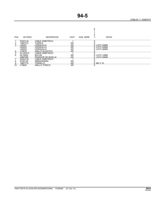 94-5
CABLES Y ASIENTO
6
1
1
0
POS. NO.PIEZA DESCRIPCION CANT NUM. SERIE J NOTAS
1 DQ53134 CABLE SIMETRICO 1 X
2 14M7272 TUERCA AR X
3 L80051 HORQUILLA AR X LGTH 32MM
L80052 HORQUILLA AR X LGTH 44MM
L80053 HORQUILLA AR X LGTH 56MM
4 L79076 ANILLO ELASTICO AR X
5 AL155310 CABLE SIMETRICO 1 X
6 AL79050 BULON AR X LGTH 12MM
45M7080 PASADOR DE MUELLE AR X LGTH 24MM
7 DQ53133 CABLE SIMETRICO 1 X
8 R182130 ABRAZADERA AR X
9 19M7775 TORNILLO AR X M6 X 16
10 L78620 ANILLO TORICO AR X
TRACTOR 6110J (EDICION SUDAMERICANA) PC8538S (01-JUL-10) 94-5
PN=559
 