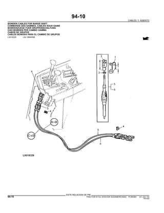 94-10
CABLES Y ASIENTO
BOWDEN CABLES FOR RANGE SHIFT
COMMANDE DES GAMMES, CABLES SOUS GAINE
BOWDENZUEGE FUER GRUPPENSCHALTUNG
CAVI BOWDEN PER CAMBIO GAMMA
CABOS DE GRUPOS
CABLES BOWDEN PARA EL CAMBIO DE GRUPOS
LX018329 -UN-18MAR98
ESTA RELACION DE PIE
94-10 TRACTOR 6110J (EDICION SUDAMERICANA) PC8538S (01-JUL-10)
PN=564
 