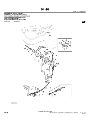94-16
CABLES Y ASIENTO
MECHANICAL SPEED CONTROL
CONTROLE DU REGIME MECANIQUE
MECHANISCHE DREHZAHLREGULIERUNG
COMANDO MECCANICO VELOCITA’
ACELERADOR MANUAL
MANDO MECANICO DE VELOCIDAD
PUBM1379 -UN-28JUN10
ESTA RELACION DE PIE
94-16 TRACTOR 6110J (EDICION SUDAMERICANA) PC8538S (01-JUL-10)
PN=570
 