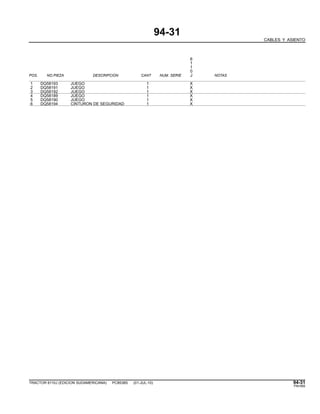94-31
CABLES Y ASIENTO
6
1
1
0
POS. NO.PIEZA DESCRIPCION CANT NUM. SERIE J NOTAS
1 DQ58193 JUEGO 1 X
2 DQ58191 JUEGO 1 X
3 DQ58192 JUEGO 1 X
4 DQ58189 JUEGO 1 X
5 DQ58190 JUEGO 1 X
6 DQ58194 CINTURON DE SEGURIDAD 1 X
TRACTOR 6110J (EDICION SUDAMERICANA) PC8538S (01-JUL-10) 94-31
PN=585
 