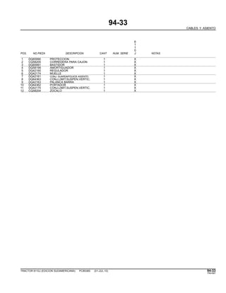 94-33
CABLES Y ASIENTO
6
1
1
0
POS. NO.PIEZA DESCRIPCION CANT NUM. SERIE J NOTAS
1 DQ65990 PROTECCION 1 X
2 CQ58205 CORREDERA PARA CAJON 1 X
3 DQ65991 BASTIDOR 1 X
4 DQ58199 AMORTIGUADOR 1 X
5 DQ42160 REGULADOR 1 X
6 DQ42174 MUELLE 1 X
7 DQ42161 CONJ. GUARDAPOLVOS ASIENTO 1 X
8 DQ64363 CONJ.LIMIT.SUSPEN.VERTIC. 1 X
9 DQ42163 PALANCA BARRA 1 X
10 DQ64362 PORTADOR 1 X
11 DQ42175 CONJ.LIMIT.SUSPEN.VERTIC. 1 X
12 CQ58204 ZOCALO 1 X
TRACTOR 6110J (EDICION SUDAMERICANA) PC8538S (01-JUL-10) 94-33
PN=587
 