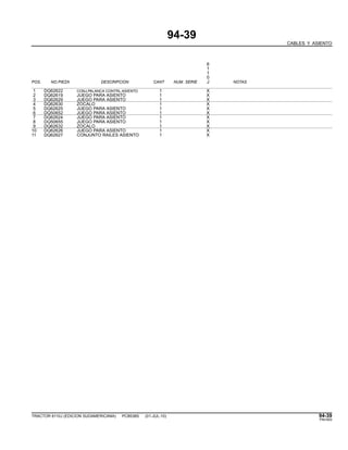 94-39
CABLES Y ASIENTO
6
1
1
0
POS. NO.PIEZA DESCRIPCION CANT NUM. SERIE J NOTAS
1 DQ62622 CONJ.PALANCA CONTRL.ASIENTO 1 X
2 DQ62619 JUEGO PARA ASIENTO 1 X
3 DQ62629 JUEGO PARA ASIENTO 1 X
4 DQ62630 ZOCALO 1 X
5 DQ62625 JUEGO PARA ASIENTO 1 X
6 DQ50652 JUEGO PARA ASIENTO 1 X
7 DQ62624 JUEGO PARA ASIENTO 1 X
8 DQ50655 JUEGO PARA ASIENTO 1 X
9 DQ62632 ZOCALO 1 X
10 DQ62626 JUEGO PARA ASIENTO 1 X
11 DQ62627 CONJUNTO RAILES ASIENTO 1 X
TRACTOR 6110J (EDICION SUDAMERICANA) PC8538S (01-JUL-10) 94-39
PN=593
 
