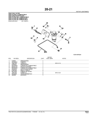 20-21
MOTOR (4045TBM03)
35GK FUEL FILTER
35GK FILTRE A COMBUSTIBLE
35GK KRAFTSTOFFFILTER
35GK FILTRO DEL COMBUSTIBILE
35GK FILTRO DE COMBUSTIVEL
35GK FILTRO DE COMBUSTIBLE
RE540100PCDA01 -UN-17MAR10
MOTOR
POS. NO.PIEZA DESCRIPCION CANT NUM. SERIE NOTAS
1 T28862 ABRAZADERA 1
2 RE528644 TUBERIA 1
3 19M7783 TORNILLO 1 M10 X 16
4 AH89557 ABRAZADERA 1
5 RE528936 TUBERIA DE COMBUSTIBLE 1
6 RE524144 RACOR ACODADO 1
7 RE528935 TUBERIA DE COMBUSTIBLE 1
8 RE60029 RACOR ADAPTADOR 1
9 51M7040 ANILLO TORICO 2
10 RE70358 CABEZA DE FILTRO 1
11 19M7784 TORNILLO 4 M10 X 20
12 RE46686 TAPON HERMETICO 2
13 J60538 SOPORTE 1
TRACTOR 6110J (EDICION SUDAMERICANA) PC8538S (01-JUL-10) 20-21
PN=67
 