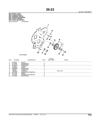 20-23
MOTOR (4045TBM03)
3601 FRONT PLATE
3601 PLAQUE AVANT
3601 VORDERE PLATTE
3601 PIASTRA ANTERIORE
3601 CHAPA FRONTAL
3601 PLACA DELANTERA
RE57614PCDD02 -UN-09DEC09
MOTOR
POS. NO.PIEZA DESCRIPCION CANT NUM. SERIE NOTAS
1 R134527 PLACA 1
2 R116386 ESPARRAGO 3
3 R134518 ESPARRAGO 2
4 R136475 TORNILLO 4
5 R109863 ARBOL 1
6 RE500631 ENGRANAJE 1
7 T20034 CASQUILLO 1
8 19M8844 TORNILLO 1 M10 X 60
9 R131283 ARANDELA DE EMPUJE 1
10 R114194 ARBOL 1
11 R101225 ARANDELA DE EMPUJE 2
12 R123584 ESPARRAGO 4
TRACTOR 6110J (EDICION SUDAMERICANA) PC8538S (01-JUL-10) 20-23
PN=69
 
