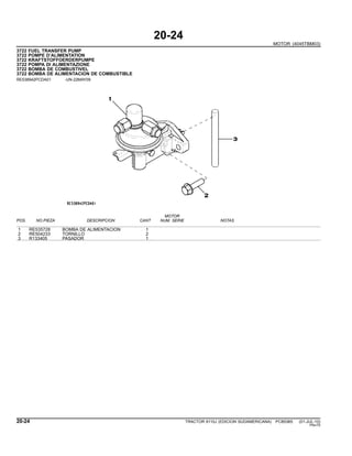 20-24
MOTOR (4045TBM03)
3722 FUEL TRANSFER PUMP
3722 POMPE D’ALIMENTATION
3722 KRAFTSTOFFOERDERPUMPE
3722 POMPA DI ALIMENTAZIONE
3722 BOMBA DE COMBUSTIVEL
3722 BOMBA DE ALIMENTACION DE COMBUSTIBLE
RE538942PCDA01 -UN-22MAY09
MOTOR
POS. NO.PIEZA DESCRIPCION CANT NUM. SERIE NOTAS
1 RE535728 BOMBA DE ALIMENTACION 1
2 RE504233 TORNILLO 2
3 R133405 PASADOR 1
20-24 TRACTOR 6110J (EDICION SUDAMERICANA) PC8538S (01-JUL-10)
PN=70
 