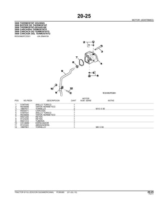 20-25
MOTOR (4045TBM03)
3908 THERMOSTAT HOUSING
3908 BOITIER DE THERMOSTAT
3908 THERMOSTAT-GEHAEUSE
3908 CARCASSA TERMOSTATO
3908 CARCACA DO TERMOSTATO
3908 CARCASA DEL TERMOSTATO
RE503962PCDD01 -UN-25MAY09
MOTOR
POS. NO.PIEZA DESCRIPCION CANT NUM. SERIE NOTAS
1 51M7040 ANILLO TORICO 1
2 RE46686 TAPON HERMETICO 1
3 19M7811 TORNILLO 2 M10 X 90
4 R500471 CARCASA 1
5 51M7041 ANILLO TORICO 1
6 RE46684 TAPON HERMETICO 1
7 R501228 RETEN 1
8 R123226 RETEN 1
9 R501314 TUBERIA 1
10 CD14689 ESPACIADOR 1
11 R123324 ABRAZADERA 1
12 19M7801 TORNILLO 1 M8 X 60
TRACTOR 6110J (EDICION SUDAMERICANA) PC8538S (01-JUL-10) 20-25
PN=71
 