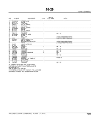 20-29
MOTOR (4045TBM03)
MOTOR
POS. NO.PIEZA DESCRIPCION CANT NUM. SERIE NOTAS
1 RE532939 KIT DE TAPAS 1
2 R520132 JUNTA 1
3 RE517370 CONEXION 2
4 51M7044 ANILLO TORICO 1
5 R520130 TAPADERA 1
6 R504734 ANILLO TORICO 1
7 RE508566 INSERTO 1
8 R123417 JUNTA 1
9 R121424 ANILLO TORICO 1
10 R121411 TAPADERA 1
11 19M7775 TORNILLO 3 M6 X 16
12 RE505980 BOMBA DE AGUA 1
13 R123226 RETEN 1
14 ........ IMPULSOR 1 (NSEP) (ORDER RE505980)
15 ........ RETEN 1 (NSEP) (ORDER RE505980)
16 RE46685 TAPON HERMETICO 1
17 51M7043 ANILLO TORICO 1
18 ........ RODAMIENTO DE BOLAS 1 (NSEP) (ORDER RE505980)
19 ........ ARBOL 1 (NSEP) (ORDER RE505980)
20 A364R ANILLO ELASTICO 1
21 R71228 ANILLO 1
22 19M7796 TORNILLO 8 M6 X 30
23 RE538097 RETEN 1
24 19M8291 TORNILLO 1 M8 X 35
25 19M8317 TORNILLO 4 M8 X 40
26 19M7979 TORNILLO 4 M8 X 55
27 14M7296 TUERCA CON BRIDA 6 M10
28 RE67239 TORNILLO 1 (A)
29 19M7801 TORNILLO 1 M8 X 60
30 R523060 TORNILLO 1
31 19M8966 TORNILLO 1 M10 X 50
32 R131283 ARANDELA DE EMPUJE 1
33 RE56369 ENGRANAJE 1
34 R114193 CASQUILLO 1
35 19M7867 TORNILLO 1 M8 X 25
(A) THREADS WITH PRE-APPLIED SEALANT
FILETS ENDUITS DE PRODUIT D’ETANCHEITE
MIT DICHTMITTEL
CON MATERIALE DI TENUTA
ROSCAS REVESTIDAS COM SELANTE PRE-APLICADO
ROSCAS CON PASTA SELLADORA PREAPLICADA
TRACTOR 6110J (EDICION SUDAMERICANA) PC8538S (11-JAN-11) 20-29
PN=75
 