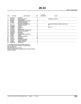 20-33
MOTOR (4045TBM03)
MOTOR
POS. NO.PIEZA DESCRIPCION CANT NUM. SERIE NOTAS
1 R133303 CHAVETA 1
2 RE56375 ARBOL DE LEVAS 1 (MARKED R135439)
3 R131182 OBTURADOR 4
4 R48685 PASADOR DE CENTRAJE 4
5 15H584 TAPON ROSCADO 1
6 AT13740 GRIFO DE VACIADO 1
7 ........ BLOQUE DE CILINDROS 1 (MARKED R504849) (ORDER RE532716)
8 RE71255 TAPON ROSCADO 5 (A)
9 R116466 TAPON 2
10 19M8999 TORNILLO 2 M8 X 25
11 R132518 PLACA 1
12 R119874 CASQUILLO 1
13 R131425 MUELLE DE COMPRESION 1
14 RE505501 VALVULA DE PURGA 1
15 RE63674 VALVULA 1
16 R115299 CASQUILLO 6
17 R26650 PASADOR DE CENTRAJE 2
18 T18891 TAPON 2
19 R114241 TAPA DE COJINETE 4
20 T23474 TORNILLO 10
21 T20168 ARANDELA 10
22 R132186 TAPA DE COJINETE 1
23 15H623 TAPON ROSCADO 1
24 U13639 ANILLO TORICO 1
25 RE508185 CONEXION 2
(A) THREADS WITH PRE-APPLIED SEALANT
FILETS ENDUITS DE PRODUIT D’ETANCHEITE
MIT DICHTMITTEL
CON MATERIALE DI TENUTA
ROSCAS REVESTIDAS COM SELANTE PRE-APLICADO
CON SELLADOR
TRACTOR 6110J (EDICION SUDAMERICANA) PC8538S (11-JAN-11) 20-33
PN=79
 