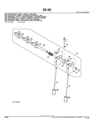 20-38
MOTOR (4045TBM03)
4901 ROCKER ARM / SHAFT / TAPPET / PUSH ROD
4901 CULBUTEUR / ARBRE / POUSSOIR DE SOUPAPE / TIGE
4901 KIPPHEBEL / WELLE / VENTILSTOESSEL / STOESSELSTANGE
4901 TERGICRISTALLO / ALBERO / CEDENTE / ASTINA PUNTERIE
4901 BALANCIM / EIXO / TUCHO / HASTE DE COMANDO
4901 BALANCIN / ARBOL / BOTADOR / VARILLA DE EMPUJE
RE57618PCDB02 -UN-16MAR09
ESTA RELACION DE PIE
20-38 TRACTOR 6110J (EDICION SUDAMERICANA) PC8538S (01-JUL-10)
PN=84
 