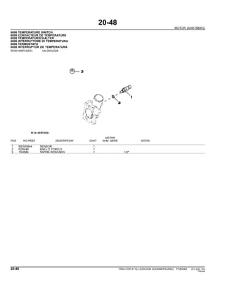 20-48
MOTOR (4045TBM03)
6606 TEMPERATURE SWITCH
6606 CONTACTEUR DE TEMPERATURE
6606 TEMPERATURSCHALTER
6606 INTERRUTTORE DI TEMPERATURA
6606 TERMOSTATO
6606 INTERRUPTOR DE TEMPERATURA
RE501099PCDD01 -UN-25AUG08
MOTOR
POS. NO.PIEZA DESCRIPCION CANT NUM. SERIE NOTAS
1 RE500844 SENSOR 1
2 R26448 ANILLO TORICO 1
3 15H584 TAPON ROSCADO 1 1/2"
20-48 TRACTOR 6110J (EDICION SUDAMERICANA) PC8538S (01-JUL-10)
PN=94
 