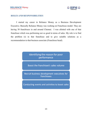ROLES AND RESPONSIBILITIES
I started my career in Reliance Money as a Business Development
Executive. Basically Reliance Money was working on Franchisee model. They are
having 30 franchisees in and around Chennai. I was allotted with one of that
franchisee which was performing not so good in terms of sales. My role is to find
the problem (s) in that franchisee and to give suitable solutions as a
recommendation to that business associate (Franchisee head).
13
 