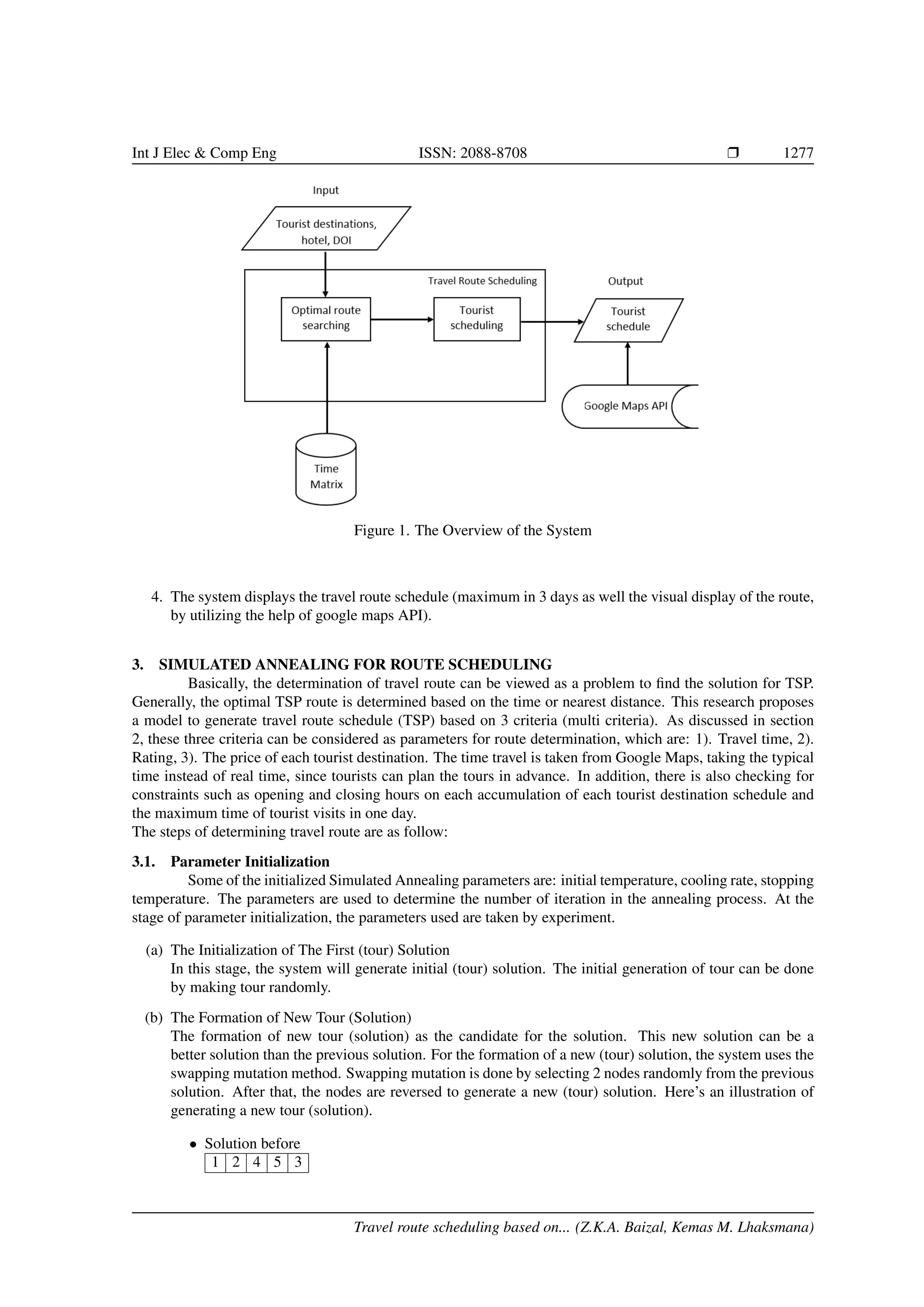 Int J Elec & Comp Eng ISSN: 2088-8708 Ì 1277
Figure 1. The Overview of the System
4. The system displays the travel route schedule (maximum in 3 days as well the visual display of the route,
by utilizing the help of google maps API).
3. SIMULATED ANNEALING FOR ROUTE SCHEDULING
Basically, the determination of travel route can be viewed as a problem to ﬁnd the solution for TSP.
Generally, the optimal TSP route is determined based on the time or nearest distance. This research proposes
a model to generate travel route schedule (TSP) based on 3 criteria (multi criteria). As discussed in section
2, these three criteria can be considered as parameters for route determination, which are: 1). Travel time, 2).
Rating, 3). The price of each tourist destination. The time travel is taken from Google Maps, taking the typical
time instead of real time, since tourists can plan the tours in advance. In addition, there is also checking for
constraints such as opening and closing hours on each accumulation of each tourist destination schedule and
the maximum time of tourist visits in one day.
The steps of determining travel route are as follow:
3.1. Parameter Initialization
Some of the initialized Simulated Annealing parameters are: initial temperature, cooling rate, stopping
temperature. The parameters are used to determine the number of iteration in the annealing process. At the
stage of parameter initialization, the parameters used are taken by experiment.
(a) The Initialization of The First (tour) Solution
In this stage, the system will generate initial (tour) solution. The initial generation of tour can be done
by making tour randomly.
(b) The Formation of New Tour (Solution)
The formation of new tour (solution) as the candidate for the solution. This new solution can be a
better solution than the previous solution. For the formation of a new (tour) solution, the system uses the
swapping mutation method. Swapping mutation is done by selecting 2 nodes randomly from the previous
solution. After that, the nodes are reversed to generate a new (tour) solution. Here’s an illustration of
generating a new tour (solution).
• Solution before
1 2 4 5 3
Travel route scheduling based on... (Z.K.A. Baizal, Kemas M. Lhaksmana)
 