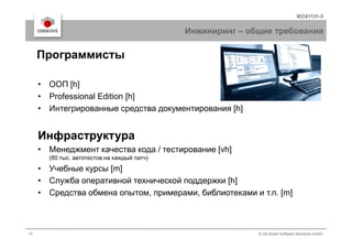 IEC61131-3
Инжиниринг – общие требования
• ООП [h]
• Professional Edition [h]
• Интегрированные средства документирования [h]
Программисты
13 © 3S-Smart Software Solutions GmbH
Инфраструктура
• Менеджмент качества кода / тестирование [vh]
(80 тыс. автотестов на каждый патч)
• Учебные курсы [m]
• Служба оперативной технической поддержки [h]
• Средства обмена опытом, примерами, библиотеками и т.п. [m]
 