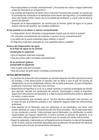 ES - 101 -
• Ha empaquetado la comida correctamente? ¿Ha secado los vasos o copas totalmente
antes de colocarlos en el frigorífico?
• Las puertas del frigorífico se abren muy a menudo? Cuando esto sucede, es nomal que
la humedad del ambiente en la habitación entre dentro del frigorífico. La humidificación
será más rápida cuanto mayor sea la humedad del ambiente y cuanto más se abra la
puerta del aparato.
• Después de la descongelación, es normal que se formen gotas de agua en la pared
trasera interna del aparato. (en modelos estáticos)
Si las puertas no se abren o cierran correctamente:
• La disposición de los alimentos empaquetados impide que se cierre la puerta?
• Ha colocado correctamente los estantes y cajones de los compartimentos?
• Los sellos de la puerta presentan algún defecto o rotura?
• El frigorífico está bien asentado en una superficie plana y estable?
Acerca del dispensador de agua;
Si el flujo de agua no es normal;
compruebe lo siguiente:
• Que el depósito esté bien colocado.
• Que las juntas estén montadas correctamente.
Si se producen goteos;
compruebe lo siguiente:
• Que el grifo esté bien montado.
• Que las juntas del grifo estén montadas correctamente.
NOTAS IMPORTANTES:
• La función de protección del compresor se activará después de interrupciones bruscas
de energía, o tras desenchufar el aparato; ello se debe a que el gas de circuito de
refrigeración no se ha estabilizado todavía. No se debe preocupar, ya que el frigorífico
empezará a funcionar solo tras cinco minutos.
• Desenchufe el frigorífico si no lo va a utilizar durante un período prolongado de tiempo
(por ejemplo, durante las vacaciones de verano). Descongele y limpie el frigorífico,
según las instrucciones del Apartado 4, y deje la puerta abierta para evitar la aparición
de moho y malos olores.
• Le recomendamos que contacte con el servicio técnico autorizado más cercano, en
el caso de que el problema persista y aun habiendo seguido todas las instrucciones
anteriores.
• Este aparato se ha fabricado para ser destinado al uso doméstico; por tanto, sólo
puede utilizarse en casa y únicamente para los fines previstos. No es adecuado para
un uso comercial o común. Cabe subrayar que el fabricante y su distribuidor no serán
responsables de ninguna reparación ni avería durante el período de garantía, si el
consumidor utiliza el aparato en una forma que no cumpla con estas instrucciones.
• Según lo estipulado y declarado por el Departamento de Industria, la vida útil del aparato
es de 10 años; este es el período estipulado para la retención de las piezas de repuesto
necesarias para el buen funcionamiento del aparato.
 