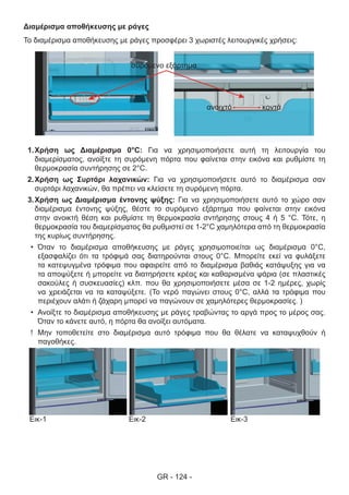 GR - 124 -
Διαμέρισμα αποθήκευσης με ράγες
Το διαμέρισμα αποθήκευσης με ράγες προσφέρει 3 χωριστές λειτουργικές χρήσεις:
1.	Χρήση ως Διαμέρισμα 0°C: Για να χρησιμοποιήσετε αυτή τη λειτουργία του
διαμερίσματος, ανοίξτε τη συρόμενη πόρτα που φαίνεται στην εικόνα και ρυθμίστε τη
θερμοκρασία συντήρησης σε 2°C.
2.	Χρήση ως Συρτάρι λαχανικών: Για να χρησιμοποιήσετε αυτό το διαμέρισμα σαν
συρτάρι λαχανικών, θα πρέπει να κλείσετε τη συρόμενη πόρτα.
3.	Χρήση ως Διαμέρισμα έντονης ψύξης: Για να χρησιμοποιήσετε αυτό το χώρο σαν
διαμέρισμα έντονης ψύξης, θέστε το συρόμενο εξάρτημα που φαίνεται στην εικόνα
στην ανοικτή θέση και ρυθμίστε τη θερμοκρασία σντήρησης στους 4 ή 5 °C. Τότε, η
θερμοκρασία του διαμερίσματος θα ρυθμιστεί σε 1-2°C χαμηλότερα από τη θερμοκρασία
της κυρίως συντήρησης.
•	 Όταν το διαμέρισμα αποθήκευσης με ράγες χρησιμοποιείται ως διαμέρισμα 0°C,
εξασφαλίζει ότι τα τρόφιμά σας διατηρούνται στους 0°C. Μπορείτε εκεί να φυλάξετε
τα κατεψυγμένα τρόφιμα που αφαιρείτε από το διαμέρισμα βαθιάς κατάψυξης για να
τα αποψύξετε ή μπορείτε να διατηρήσετε κρέας και καθαρισμένα ψάρια (σε πλαστικές
σακούλες ή συσκευασίες) κλπ. που θα χρησιμοποιήσετε μέσα σε 1-2 ημέρες, χωρίς
να χρειάζεται να τα καταψύξετε. (Το νερό παγώνει στους 0°C, αλλά τα τρόφιμα που
περιέχουν αλάτι ή ζάχαρη μπορεί να παγώνουν σε χαμηλότερες θερμοκρασίες. )
•	 Ανοίξτε το διαμέρισμα αποθήκευσης με ράγες τραβώντας το αργά προς το μέρος σας.
Όταν το κάνετε αυτό, η πόρτα θα ανοίξει αυτόματα.
!! Μην τοποθετείτε στο διαμέρισμα αυτό τρόφιμα που θα θέλατε να καταψυχθούν ή
παγοθήκες.
ανοιχτό κοντά
συρόμενο εξάρτημα
Εικ-1 Εικ-2 Εικ-3
 