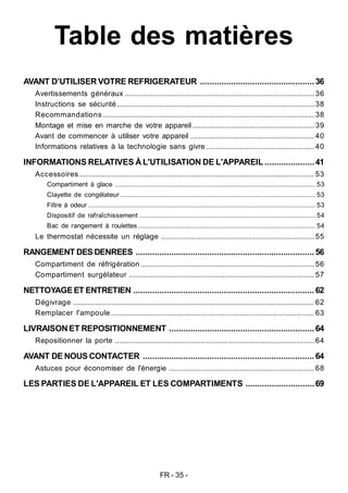 FR - 35 -
Table des matières
AVANT D’UTILISER VOTRE REFRIGERATEUR ................................................36
Avertissements généraux ...............................................................................................36
Instructions se sécurité...................................................................................................38
Recommandations .......................................................................................................... 38
Montage et mise en marche de votre appareil ............................................................. 39
Avant de commencer à utiliser votre appareil .............................................................. 40
Informations relatives à la technologie sans givre ...................................................... 40
INFORMATIONS RELATIVES À L'UTILISATION DE L'APPAREIL .....................41
Accessoires...................................................................................................................... 53
Compartiment à glace ................................................................................................................ 53
Clayette de congélateur ............................................................................................................. 53
Filtre à odeur ............................................................................................................................... 53
Dispositif de rafraîchissement .................................................................................................. 54
Bac de rangement à roulettes ................................................................................................... 54
Le thermostat nécessite un réglage ............................................................................. 55
RANGEMENT DES DENREES ........................................................................... 56
Compartiment de réfrigération .......................................................................................56
Compartiment surgélateur .............................................................................................57
NETTOYAGEET ENTRETIEN ............................................................................ 62
Dégivrage ......................................................................................................................... 62
Remplacer l'ampoule ...................................................................................................... 63
LIVRAISON ET REPOSITIONNEMENT .............................................................64
Repositionner la porte ....................................................................................................64
AVANT DE NOUS CONTACTER ........................................................................ 64
Astuces pour économiser de l'énergie ......................................................................... 68
LES PARTIES DE L'APPAREIL ET LES COMPARTIMENTS .............................69
 