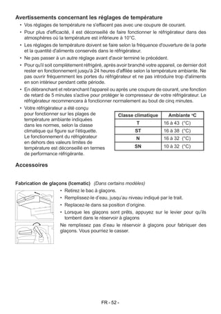 FR - 52 -
Accessoires
Fabrication de glaçons (Icematic)
• Retirez le bac à glaçons.
• Remplissez-le d’eau, jusqu’au niveau indiqué par le trait.
• Replacez-le dans sa position d’origine.
• Lorsque les glaçons sont prêts, appuyez sur le levier pour qu’ils
tombent dans le réservoir à glaçons
Ne remplissez pas d’eau le réservoir à glaçons pour fabriquer des
glaçons. Vous pourriez le casser.
Avertissements concernant les réglages de température
• Vos réglages de température ne s'effacent pas avec une coupure de courant.
• Pour plus d'efficacité, il est déconseillé de faire fonctionner le réfrigérateur dans des
atmosphères où la température est inférieure à 10°C.
• Les réglages de température doivent se faire selon la fréquence d'ouverture de la porte
et la quantité d'aliments conservés dans le réfrigérateur.
• Ne pas passer à un autre réglage avant d'avoir terminé le précédent.
• Pour qu'il soit complètement réfrigéré, après avoir branché votre appareil, ce dernier doit
rester en fonctionnement jusqu'à 24 heures d'affilée selon la température ambiante. Ne
pas ouvrir fréquemment les portes du réfrigérateur et ne pas introduire trop d'aliments
en son intérieur pendant cette période.
• En débranchant et rebranchant l'appareil ou après une coupure de courant, une fonction
de retard de 5 minutes s'active pour protéger le compresseur de votre réfrigérateur. Le
réfrigérateur recommencera à fonctionner normalement au bout de cinq minutes.
• Votre réfrigérateur a été conçu
pour fonctionner sur les plages de
température ambiante indiquées
dans les normes, selon la classe
climatique qui figure sur l'étiquette.
Le fonctionnement du réfrigérateur
en dehors des valeurs limites de
température est déconseillé en termes
de performance réfrigérante.
Classe climatique Ambiante o
C
T 16 à 43 (°C)
ST 16 à 38 (°C)
N 16 à 32 (°C)
SN 10 à 32 (°C)
(Dans certains modèles)
 
