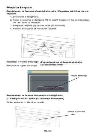 FR - 63 -
Remplacer l'ampoule
Remplacement de l'ampoule du réfrigérateur (si le réfrigérateur est éclairé par une
ampoule)
1. Débrancher le réfrigérateur.
2. Retirer le couvercle de l'ampoule (A) en faisant pression sur les crochets placés
des deux côtés du couvercle.
3. Remplacer l'ampoule (B) par une neuve (15 watt maxi.)
4. Replacer le couvercle et rebrancher l'appareil.
Remplacer le voyant d'éclairage
Remplacer le voyant d'éclairage.
Remplacement de la lampe fluorescente du réfrigérateur
(Si le réfrigérateur est éclairé par une lampe fluorescente)
Veuillez contacter un électricien qualifié.
(En cas d'éclairage via la bande de diodes
électroluminescentes)
Lampe fluorescente
Voyant d'éclairage
 