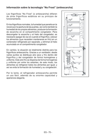 ES - 75 -
Información sobre la tecnología “No Frost” (antiescarcha)
Los frigoríficos “No Frost” (o antiescarcha) difieren
de otros frigoríficos estáticos en su principio de
funcionamiento.
En los frigoríficos normales, la humedad que penetra en la
nevera por la apertura de las puertas, así como también la
humedad de los propios alimentos, producen la formación
de escarcha en el compartimento congelador. Para
descongelar la escarcha y el hielo del congelador, es
necesario apagar de vez en cuando el frigorífico, colocar
los alimentos (que necesiten mantenerse en frío) en un
contenedor refrigerado por separado, y eliminar el hielo
acumulado en el compartimento congelador.
En cambio, la situación es totalmente distinta para los
frigoríficos antiescarcha. Gracias a un ventilador, desde
varios puntos se distribuye aire seco y frío dentro del
frigorífico y del congelador de forma homogénea y
uniforme. Este aire frío se dispersa de forma homogénea
y uniforme por entre los estantes; de este modo, los
alimentos se refrigeran todos los alimentos por igual, y
así se evita la formación de humedad y su congelación.
Por lo tanto, el refrigerador antiescarcha permite
un uso fácil, además de su enorme capacidad y
apariencia elegante.
 