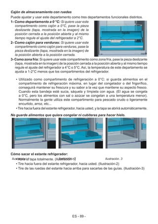 ES - 89 -
Cajón de almacenamiento con ruedas
Puede ajustar y usar este departamento como tres departamentos funcionales distintos.
1- Como departamento a 0 °C: Si quiere usar este
compartimento como cajón a 0°C, pase la pieza
deslizante (tapa, mostrada en la imagen) de la
posición cerrada a la posición abierta y al mismo
tiempo regule el ajuste del refrigerador a 2°C.
2- Como cajón para verduras: Si quiere usar este
compartimento como cajón para verduras, pase la
pieza deslizante (tapa, mostrada en la imagen) de
la posición abierta a la posición cerrada.
3- Como zona fría: Si quiere usar este compartimento como zona fría, pase la pieza deslizante
(tapa, mostrada en la imagen) de la posición cerrada a la posición abierta y al mismo tiempo
regule el ajuste del refrigerador a 4°C o 5°C. Así, la temperatura de este departamento se
ajusta a 1-2°C menos que los compartimentos del refrigerador.
• Utilizado como compartimento de refrigeración a 0°C: si guarda alimentos en el
compartimento de refrigeración máxima, en lugar del congelador o del frigorífico,
conseguirá mantener su frescura y su sabor a la vez que mantiene su aspecto fresco.
Cuando esta bandeja esté sucia, sáquela y límpiela con agua. (El agua se congela
a 0°C, pero los alimentos con sal o azúcar se congelan a una temperatura menor).
Normalmente la gente utiliza este compartimento para pescado crudo o ligeramente
encurtido, arroz, etc...
• Tire hacia fuera del estante refrigerador, hacia usted, y la tapa se abrirá automáticamente.
No guarde alimentos que quiera congelar ni cubiteras para hacer hielo.
Cómo sacar el estante refrigerador:
• Abra la tapa totalmente. (Ilustración-1)
• Tire hacia fuera del estante refrigerador, hacia usted. (Ilustración-2)
• Tire de las ruedas del estante hacia arriba para sacarlas de las guías. (Ilustración-3)
Tapilla
Ilustración. 1 Ilustración. 2 Ilustración. 3
 