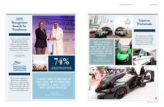 *DIBSConferenceSurvey2015
The opportunity to behold
power, performance, prestige
and glamour from the world’s
most exclusive automobiles
alongside the region’s VIPs.
Supercar
Promenade
On the occasion of the Dubai
International Boat Show,
The World of Yachts and
Boats recognized individuals,
companies and government
agencies for excellence in service
to the leisure marine industry.
2015
Recognition
Awards for
Excellence
Was the perfect platform for
global experts and industry
authorities, as well as boating
enthusiasts, to address the latest
trends, technologies, plans and
regulations affecting the marine
sector in Dubai and beyond.
“A GREAT EVENT ATTRACTING THE
BEST LOCAL AND INTERNATIONAL
ATTENDEES. A GREAT PLACE TO
MAKE LASTING CONTACTS”
PHIL DUHS,
FOUNDER, MEDSAILING.INFO
74%OF THE ATTENDEES CLASSIFIED THE
CONFERENCE AS EXCELLENT OR GOOD*
“THERE IS INCREDIBLE
POTENTIAL IN THE
MIDDLE EAST AND THIS IS
ONE SHOW THAT DRIVES
ASTONISHINGLY HIGH NET
WORTH PROSPECTS FROM
THE REGION.”
WASSIM DERBI
MARKETING MANAGER, GARGASH
ENTERPRISES/MERCEDES-BENZ
IN ASSOCIATION WITH
OFFICIAL CAR SPONSOR
DubaiInternationalBoatShow2015 www.boatshowdubai.com
 