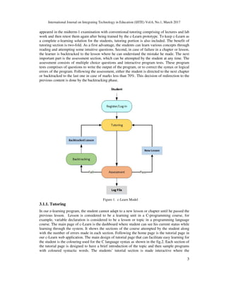 International Journal on Integrating Technology in Education (IJITE) Vol.6, No.1, March 2017
3
appeared in the midterm-1 examination with conventional tutoring comprising of lectures and lab
work and then retest them again after being trained by the c-Learn prototype. To keep c-Learn as
a complete e-learning solution for the students, tutoring portion is also included. The benefit of
tutoring section is two-fold. As a first advantage, the students can learn various concepts through
reading and attempting some intuitive questions. Second, in case of failure in a chapter or lesson,
the learner is backtracked to the lesson where he can understand the mistake he made. The next
important part is the assessment section, which can be attempted by the student at any time. The
assessment consists of multiple choice questions and interactive program tests. These program
tests comprises of questions to write the output of the program, or to correct the syntax or logical
errors of the program. Following the assessment, either the student is directed to the next chapter
or backtracked to the last one in case of marks less than 70%. This decision of redirection to the
previous content is done by the backtracking phase.
Figure 1. c-Learn Model
3.1.1. Tutoring
In our e-learning program, the student cannot adapt to a new lesson or chapter until he passed the
previous lesson. Lesson is considered to be a learning unit in a C-programming course, for
example, variable declaration is considered to be a lesson or topic in a programming language
course. The main page of c-Learn is the dashboard where student can see his current status while
learning through the system. It shows the sections of the course attempted by the student along
with the number of errors made in each section. Following the home page is the tutorial page in
our c-Learn web application. The main design of tutorial page that can facilitate easy learning for
the student is the colouring used for the C language syntax as shown in the fig.2. Each section of
the tutorial page is designed to have a brief introduction of the topic and then sample programs
with coloured syntactic words. The students’ tutorial section is made interactive where the
 
