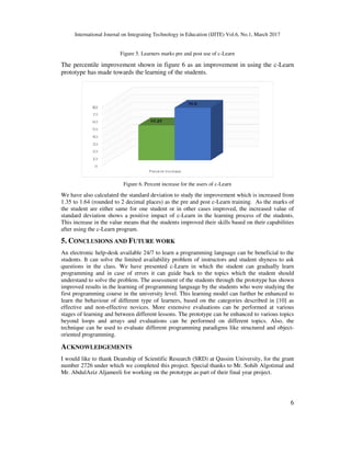 International Journal on Integrating Technology in Education (IJITE) Vol.6, No.1, March 2017
6
Figure 5. Learners marks pre and post use of c-Learn
The percentile improvement shown in figure 6 as an improvement in using the c-Learn
prototype has made towards the learning of the students.
Figure 6. Percent increase for the users of c-Learn
We have also calculated the standard deviation to study the improvement which is increased from
1.35 to 1.64 (rounded to 2 decimal places) as the pre and post c-Learn training. As the marks of
the student are either same for one student or in other cases improved, the increased value of
standard deviation shows a positive impact of c-Learn in the learning process of the students.
This increase in the value means that the students improved their skills based on their capabilities
after using the c-Learn program.
5. CONCLUSIONS AND FUTURE WORK
An electronic help-desk available 24/7 to learn a programming language can be beneficial to the
students. It can solve the limited availability problem of instructors and student shyness to ask
questions in the class. We have presented c-Learn in which the student can gradually learn
programming and in case of errors it can guide back to the topics which the student should
understand to solve the problem. The assessment of the students through the prototype has shown
improved results in the learning of programming language by the students who were studying the
first programming course in the university level. This learning model can further be enhanced to
learn the behaviour of different type of learners, based on the categories described in [10] as
effective and non-effective novices. More extensive evaluations can be performed at various
stages of learning and between different lessons. The prototype can be enhanced to various topics
beyond loops and arrays and evaluations can be performed on different topics. Also, the
technique can be used to evaluate different programming paradigms like structured and object-
oriented programming.
ACKNOWLEDGEMENTS
I would like to thank Deanship of Scientific Research (SRD) at Qassim University, for the grant
number 2726 under which we completed this project. Special thanks to Mr. Sohib Algotimal and
Mr. AbdulAziz Aljameeli for working on the prototype as part of their final year project.
 