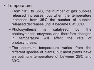 • Temperature
– From 10o
C to 35o
C, the number of gas bubbles
released increases, but when the temperature
increases from 35o
C the number of bubbles
released decreases until it became 0 at 50o
C.
– Photosynthesis is catalysed by the
photosynthetic enzymes and therefore changes
in temperature will affect the rate of
photosynthesis.
– The optimum temperature varies from the
different species of plants, but most plants have
an optimum temperature of between 25o
C and
30o
C.
 