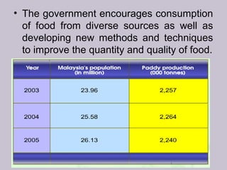 • The government encourages consumption
of food from diverse sources as well as
developing new methods and techniques
to improve the quantity and quality of food.
 