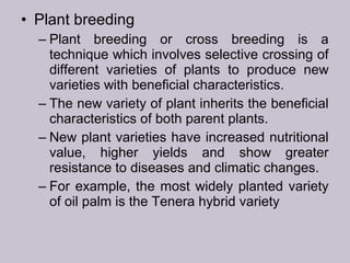 • Plant breeding
– Plant breeding or cross breeding is a
technique which involves selective crossing of
different varieties of plants to produce new
varieties with beneficial characteristics.
– The new variety of plant inherits the beneficial
characteristics of both parent plants.
– New plant varieties have increased nutritional
value, higher yields and show greater
resistance to diseases and climatic changes.
– For example, the most widely planted variety
of oil palm is the Tenera hybrid variety
 