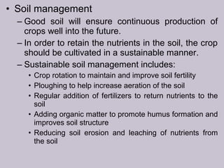 • Soil management
– Good soil will ensure continuous production of
crops well into the future.
– In order to retain the nutrients in the soil, the crop
should be cultivated in a sustainable manner.
– Sustainable soil management includes:
• Crop rotation to maintain and improve soil fertility
• Ploughing to help increase aeration of the soil
• Regular addition of fertilizers to return nutrients to the
soil
• Adding organic matter to promote humus formation and
improves soil structure
• Reducing soil erosion and leaching of nutrients from
the soil
 