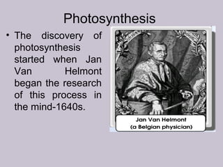 Photosynthesis
• The discovery of
photosynthesis
started when Jan
Van Helmont
began the research
of this process in
the mind-1640s.
 