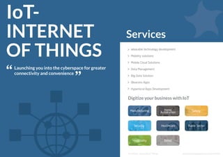 IoT-
INTERNET
OF THINGS
Launching you into the cyberspace for greater
connectivity and convenience
Services
Digitize your business with IoT
Wearable technology development
Mobility solutions
Mobile Cloud Solutions
Data Management
Big Data Solution
iBeacons Apps
Hyperlocal Apps Development
Manufacturing Home
Automation Safety
Security Healthcare Public Sector
Hospitality Retail
www.solutionanalysts.com/portfoliohttp://www.solutionanalysts.com/services/iot-internet-of-things/
http://www.solutionanalysts.com/services/iot-internet-of-things/
http://www.solutionanalysts.com/services/iot-internet-of-things/Internet of ThingsFor More:
 