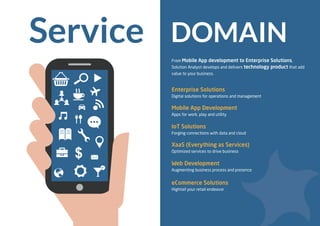 DOMAINService
From Mobile App development to Enterprise Solutions,
Solution Analyst develops and delivers technology product that add
value to your business.
Enterprise Solutions
Digital solutions for operations and management
Mobile App Development
Apps for work, play and utility
IoT Solutions
Forging connections with data and cloud
XaaS (Everything as Services)
Optimized services to drive business
Web Development
Augmenting business process and presence
eCommerce Solutions
Hightail your retail endeavor
 