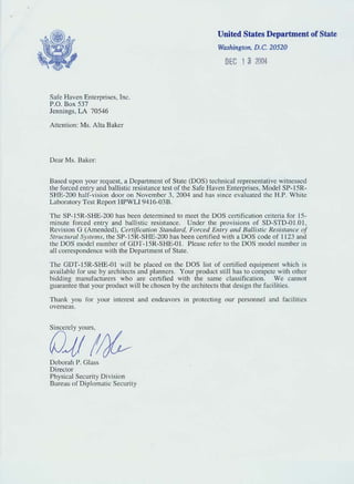 Safe Haven USDOS Certifications