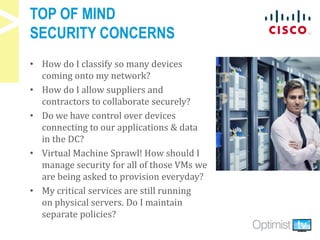 TOP OF MIND
SECURITY CONCERNS
• How do I classify so many devices
coming onto my network?
• How do I allow suppliers and
contractors to collaborate securely?
• Do we have control over devices
connecting to our applications & data
in the DC?
• Virtual Machine Sprawl! How should I
manage security for all of those VMs we
are being asked to provision everyday?
• My critical services are still running
on physical servers. Do I maintain
separate policies?
 