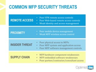 COMMON MFP SECURITY THREATS
• Poor mobile device management
• Weak MFP wireless access control
• Poor VPN remote access controls
• Poor Web-based remote access controls
• Weak identity and access management
• MFP hardware component weaknesses
• MFP embedded software weaknesses
• Poor partner/contractor/consultant access
• Poor physical access to MFPs
• Poor MFP system and application access
• Poor MFP software management controls
REMOTE ACCESS
PROXIMITY
INSIDER THREAT
SUPPLY CHAIN
 