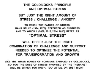 THE GOLDILOCKS PRINCIPLE
AND OPTIMAL STRESS
BUT JUST THE RIGHT AMOUNT OF
STRESS / CHALLENGE / ANXIETY
TO WHICH THE FATHER OF STRESS,
HANS SELYE (1974, 1978), REFERRED AS EUSTRESS
AND TO WHICH I (2008, 2012, 2014, 2015) REFER AS
“OPTIMAL STRESS”
WILL OFFER JUST THE RIGHT
COMBINATION OF CHALLENGE AND SUPPORT
NEEDED TO OPTIMIZE THE POTENTIAL
FOR TRANSFORMATION AND GROWTH
LIKE THE THREE BOWLS OF PORRIDGE SAMPLED BY GOLDILOCKS,
SO TOO THE DOSE OF STRESS PROVIDED BY THE THERAPIST
WILL BE EITHER TOO MUCH, TOO LITTLE, OR JUST RIGHT
 