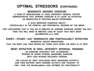 OPTIMAL STRESSORS (CONTINUED)
MODERATE AEROBIC EXERCISE
A TEAM OF RESEARCHERS AT DUKE UNIVERSITY MEDICAL CENTER
DEMONSTRATED THAT AEROBIC EXERCISE IS AT LEAST AS EFFECTIVE
AS MEDICATION IN TREATING MAJOR DEPRESSION
IT ALSO IMPROVES COGNITIVE ABILITY,
PARTICULARLY IN THE FRONTAL AND PREFRONTAL REGIONS OF THE BRAIN
THEY DISCOVERED THAT IF YOU DO 40 MINUTES OF AEROBIC EXERCISE DURING THE DAY,
THEN YOU WILL NEED 40 MINUTES LESS OF SLEEP THAT NEXT NIGHT
(BLUMENTHAL et al. 1999)
EVERY – OTHER – DAY WORKOUTS ARE PARTICULARLY EFFECTIVE
WORKOUTS CREATE MICROTEARS
THAT THE BODY CAN THEN REPAIR ON THOSE DAYS WHEN THE BODY IS AT REST
MOST EFFECTIVE IS HIGH – INTENSITY INTERVAL TRAINING
AN EXERCISE STRATEGY THAT ALTERNATES
PERIODS OF SHORT INTENSE ANAEROBIC EXERCISE
WITH LESS INTENSE RECOVERY PERIODS
THE CYCLES OF FIRST CHALLENGE (WITH ANAEROBIC ACTIVITY)
AND THEN SUPPORT (WITH AEROBIC ACTIVITY) ARE THOUGHT TO
FINE – TUNE THE MindBodyMatrix AND OPTIMIZE ITS FUNCTIONALITY
 