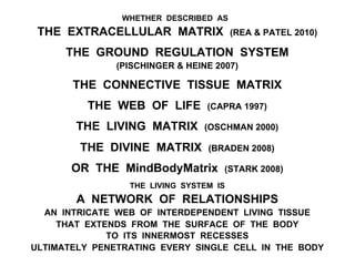 WHETHER DESCRIBED AS
THE EXTRACELLULAR MATRIX (REA & PATEL 2010)
THE GROUND REGULATION SYSTEM
(PISCHINGER & HEINE 2007)
THE CONNECTIVE TISSUE MATRIX
THE WEB OF LIFE (CAPRA 1997)
THE LIVING MATRIX (OSCHMAN 2000)
THE DIVINE MATRIX (BRADEN 2008)
OR THE MindBodyMatrix (STARK 2008)
THE LIVING SYSTEM IS
A NETWORK OF RELATIONSHIPS
AN INTRICATE WEB OF INTERDEPENDENT LIVING TISSUE
THAT EXTENDS FROM THE SURFACE OF THE BODY
TO ITS INNERMOST RECESSES
ULTIMATELY PENETRATING EVERY SINGLE CELL IN THE BODY
 