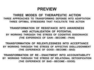 PREVIEW
THREE MODES OF THERAPEUTIC ACTION
THREE APPROACHES TO TRANSFORMING DEFENSE INTO ADAPTATION
THREE OPTIMAL STRESSORS THAT FACILITATE THIS ACTION
TRANSFORMATION OF RESISTANCE INTO AWARENESS
AND ACTUALIZATION OF POTENTIAL
BY WORKING THROUGH THE STRESS OF COGNITIVE DISSONANCE
(THE EXPERIENCE OF GAIN – BECOME – PAIN)
TRANSFORMATION OF RELENTLESSNESS INTO ACCEPTANCE
BY WORKING THROUGH THE STRESS OF AFFECTIVE DISILLUSIONMENT
(THE EXPERIENCE OF GOOD – BECOME – BAD)
TRANSFORMATION OF RE – ENACTMENT INTO ACCOUNTABILITY
BY WORKING THROUGH THE STRESS OF RELATIONAL DETOXIFICATION
(THE EXPERIENCE OF BAD – BECOME – GOOD)
 